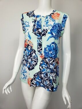 J. Crew Mint Floral Sleeveless Henley with Blue & Orange Accents